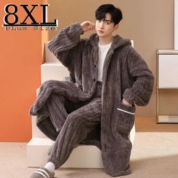 Men Coral Fleece Robe Set Winter Plus Size Kimono Thick Warm Bathrobe Flannel Men Robe Cold Pijama Hombre Cardigan Robes Gown 240109