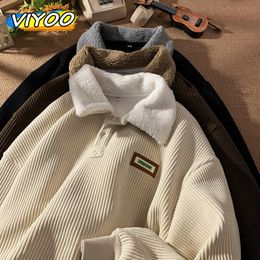 Mens Y2K Plus Velvet Corduroy Winter Polo Shirts Quality Down Coat For Men Korean Autumn Clothes Style Sportswear Sweatshirts 240109