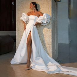 Stunningbride 2024 sexy alta fenda vestidos de casamento de cetim com mangas destacáveis a linha sem alças vestidos de noiva tribunal trem alta costura mariage
