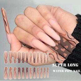 False Nails 24pcs Press On Full Cover DIY Water Pipe Nail Super Long Fake Brown Wavy