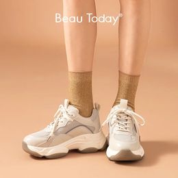 BeauToday Chunky Sneakers Women Mesh Leather Platform Shoes Mixed Colours Lace-Up Lady Trendy Trainers Thick Sole Handmade 29401 240108