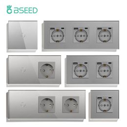 BSEED Wall Light Switch Touch 1/2/3Gang Sensor Switch With EU Power Socket USB Gray Glass Panel EU Standard Darkblue BackLight 240108