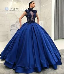 2024 Hot Dubai High-Neck Quinceanera Dresses Beaded Appliques Cap Sleeve Satin Ball Gown Prom Dresses Royal Blue Evening Dress Vestidos De