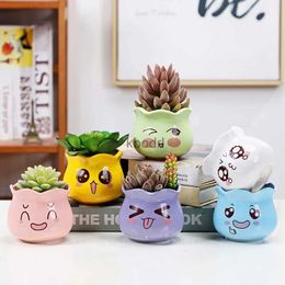 Planters Pots 1pc Mini Children's Room Decoration Vase Cartoon Flower Pot Cute Expression Planters Colorful Ceramics Garden Decor Bonsai Pots YQ240109