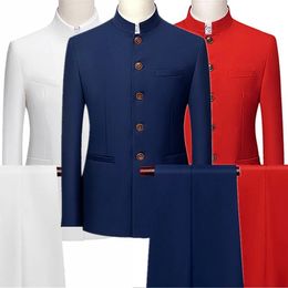 Fashion Men Retro Party 2 Piece Set Blazer Pants Luxury Embroidery Tang Suit Jacket Trousers Plus Size M6XL Pcs 240108