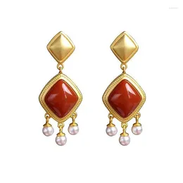 Dangle Earrings Ethnic Style Design "Red Jade Rolling Bead Curtain" South Red Earring Women Gold Color China-Chic Small Fashion Vintage