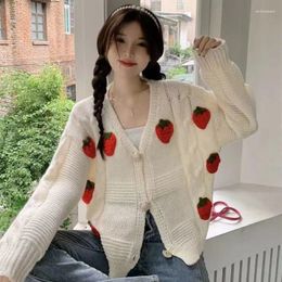 Women's Knits Spring And Autumn Age Reducing Sweet Knitted Cardigan Women Coat V-neck Strawberry 3D Embroidered Loose Causal Sweater Top