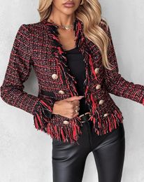 Women's Jackets 2024 Red Short Tweed Jacket Fashion Open Front Neck Long Sleeve Tassel Design Buttoned Casaual Simple Daily Coat