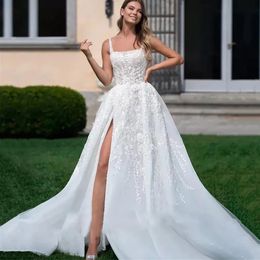 Stunningbride 2024 Sexy Side Slit Lace A-Line Wedding Dresses For Women Backless Lace Appliques Bridal Gowns Vintage Boho Bride Robes