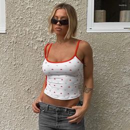 Womens Tanks Cherry Flower Print White Camisole Y2k Cute Core Girls Summer Clothes Tie Back Sexy Crop Top Women