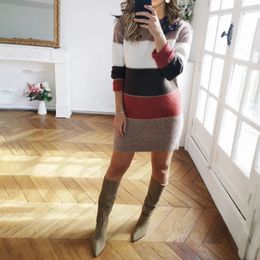 Silm Fit Sweater Dress Women Winter Vintage Knitted Party Pullover Jumper Female Striped Long Sleeve Elgant Sexy Mini Dress 240109