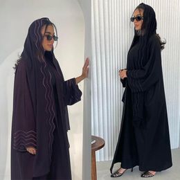 Ethnic Clothing Abaya Women Embroidery Cardigan Plain Colour Coat With Hijab Loose Prayer Burqas Islamic Djellaba Arab Dubai Style