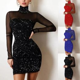 Sexy Sequins Women Party Dress High Neck Splicing Net Yarn Dress Vintage Long Sleeve Dinner Party Banquet Dress Spring Fall 240109