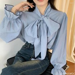Women's Blouses Ribbon Lace-Up Bow Tie Cute Tops Preppy Style Vintage Japan Korea Office Lady Formal Pink Ruffles Long Sleeve Blue Shirt