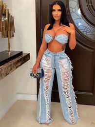 Women's Two Piece Pants Sexy Hole Tassel Denim Pieces Set Women Strapless Cropped Top And Pant Jogger Summer Outfits Female Blue Jeans Suit