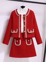 Autumn Winter Fashion Plaid Red Tweed Two Piece Set Women Pearls Single Breasted Fringed Woollen Jackets Coat Pocket Mini Skirt 240109