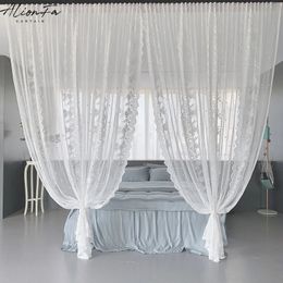 Korean White Floral Lace Tulle Curtains For Living Room Bedroom Sheer Voile Curtain Kitchen Blind Wedding Coffee Store Decor 240109