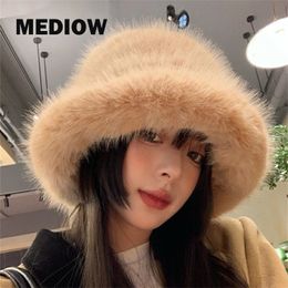 Casual Rabbit Fur Bucket Hats For Women Keep Warm Big Head Around Ear Protection In Winter Panama Plush Caps Adjustable 240108