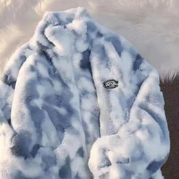 2023 Women Tie Dye Lamb Fleece Jacket Autumn Winter Zipper Outerwear Warm Plush Jackets Harajuku Casual Loose Female Thick Coat 240109