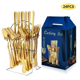 24pcs/Set Stainless Steel Cutlery Set with Holder Gift Box - Perfect Tableware Set for Any Occasion 240108