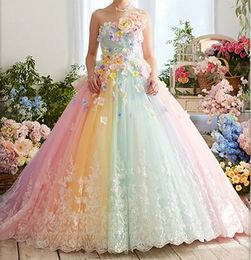 Quinceanera färgglada klänningar tyll 3d blommor spetsar applikationer älskling nack ärmlös korsett prinsess födelsedagsfest klänning för flickor prom vestido
