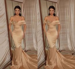 Sexy Champagne Mermaid Evening Pageant Dress 2024 Off Shoulder Satin Beaded Arabic Dubai Court Train Prom Party Gowns Robe De Soiree
