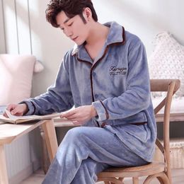 Men's Sleepwear 2 Piece Set Pyjama Sets For Men Fleece Thickened Warm Solid Colour Winter Homesuit Casual Button V Neck Fashion Clothing