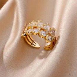 Cluster Rings Gold Plating Zircon Water Drop For Women Opening Stainless Steel Ring 2024 Trend Korean Fashion Elegant Wedding Jewerly