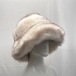 Big Faux Fur Hat Women Elegant Autumn Winter Fur Luxury Fashion Party Panama Fisherman Hat Warm Bucket Hat 240108