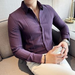 Men's Casual Shirts Luxury Jacquard Woven Long Sleeved Shirt For Men 2024 Autumn Business Dress Slim Fit Social Party Tuxedo Blouse