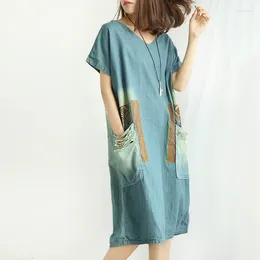 Party Dresses Personality National Wind Printing Hole Pocket V-neck Denim Dress Mori Girl 2024 Autumn