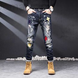 Men's Jeans Designer embroidered pierced jeans men's Korean fashion Personalised Leggings slim fit patch beggar pants brand XZSC