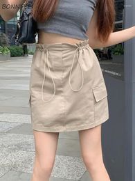 Skirts Women Safari Style A-line Drawstring Korean Vintage Summer College Personality Simple All-match Fashion Ulzzang Casual