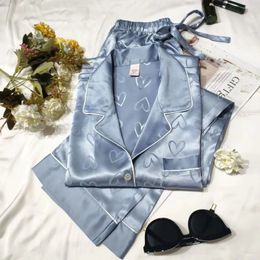 Spring Autumn 2 Piece Print Heart Women Sleepwear Faux Silk Satin Pajamas Set Long Sleeve Pajama Suit Female Homewear 240108