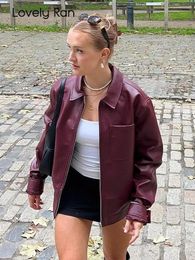 Women Red Lapel Zipper Leather Cropped Coat Chic Retro Loose Casual Short Jackets Autumn Fashion Motorcycle Tops 240108