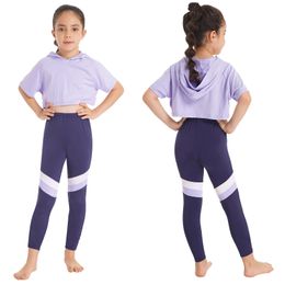 Kids Girls Sport Suit Modern Dance Wear Workout Gymnastics Outfits Tracksuit Set Hoodie Crop Sweatshirt Tops And Pants Leggings 240108