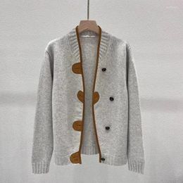 Women's Knits Colorblocked Edged Mushroom Button Cashmere Elegant Sweater Jacket For Women