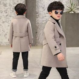 Autumn Wool Coat for Boy Children's Jacket Fashion Solid Blazer Collar Kids Ytterkläder Outfits Handsome Trench Plus Warm 240108
