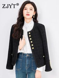 ZJYT Elegant Office Lady Tweed Woolen Jacket for Women Fashion Autumn Winter Coats Black Casual Party Outerwear Veste Femme 240109