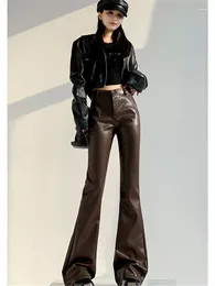 Women's Pants Women Gothic Dark Academia Flare Faux Leather High Waist Pu Long Trousers 2000s Aesthetic Harajuku Fashion Cyber Punk Y2k