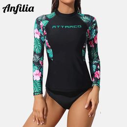 Shirts Anfilia Women Long Sleeve Rash Guard Shirts Swimwear Rash Guard Top Surf Top Floral Printing Closefitting Shirt Upf 50+