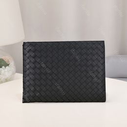 Genuine Leather Clutch Bag High-End Designer Business Bag Fashion Luxury Brand Bag Hand Woven A4 File Bag Large Capacity Minimalist Style Travel Black