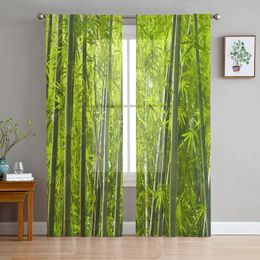 Green Bamboo Forest Window Curtain For Living Room Bedroom Kitchen Chiffon Sheer Treatment 240109