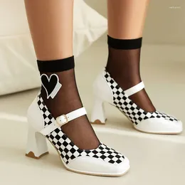 Dress Shoes Phoentin Chequered Print Mary Janes Fashion High Heels 2024 Spring Square Toe Footwear Plus Size 48 FT3149