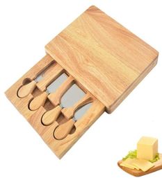 Rectangle shape rubber wood box Tools with Cheese Set Cutting Board made of and stainless steel1254001