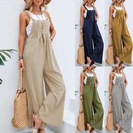 Vintage Cotton Linen Jumpsuit Women Casual Solid Button Wide Leg Suspender Pants with Pockets Summer Loose Overalls Rompers 240109