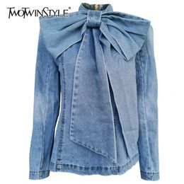 TWOTWINSTYLE Patchwork Bow Denim Women's Jacket Stand Collar Long Sleeve Vintage Ruched Jackets For Female Fashion Clothing 240109