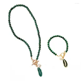 Necklace Earrings Set Vintage 2 Pcs/set Alloy Leaves Pearl Bracelet Pendant Malachite Drop Oil Jewelry Decoration Gift For Girl Women