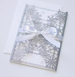 Luxury Silver Wedding Invitation Snowflake Laser Cut Invitation Elegant Hollow Wedding Party Invitations with White Bow 1114077