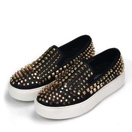 2023 Handmade Gold Spike Rivets Lazy Flats for Men Slip on Cow Leather Gentlemen Casual Shoes Driving Loafers